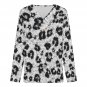 Women's Cross V Neck Button Long Sleeve Top, Monochrome Rosette Leopard Spots