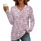 Women's Cross V Neck Button Long Sleeve Top, Vintage Pink Geometry Tile