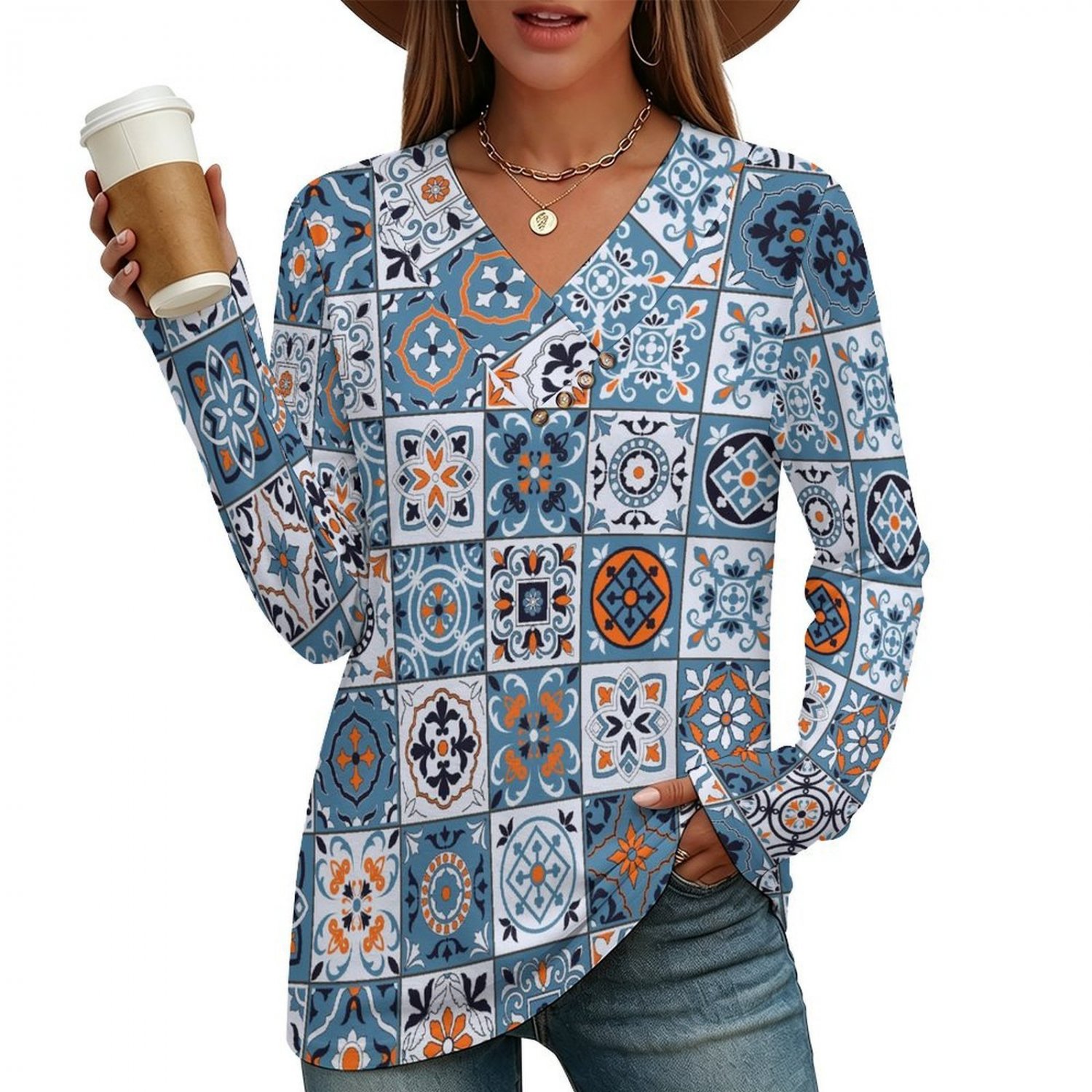 Women's Cross V Neck Button Long Sleeve Top, Moroccan Azulejo Pattern