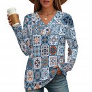 Women's Cross V Neck Button Long Sleeve Top, Moroccan Azulejo Pattern