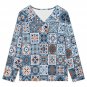 Women's Cross V Neck Button Long Sleeve Top, Moroccan Azulejo Pattern
