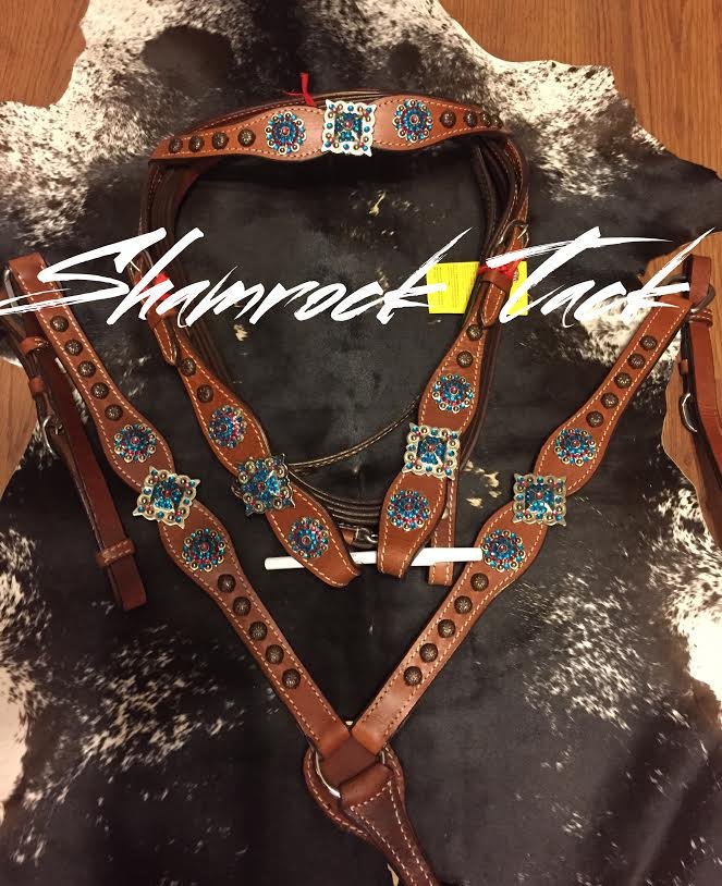 NEW blue and pink crystal tack set horse tack wester