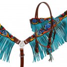 New hand painted floral tooled turquoise fringe horse tack set
