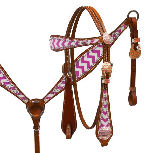 NEW Pink Chevron Overlay Leather Horse Tack Set