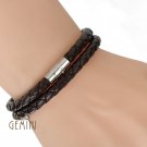 Men Women Double Wrap Leather Stainless Steel Wristband Bracelet MKUS075 ZA3