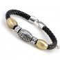 Men GENUINE LEATHER Black Stainless Steel Cuff Wristband Bracelets MKUS062BB