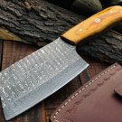HANDMADE DAMASCUS STEEL CLEAVER/ KITCHEN KNIFE/MEAT CUTTING/ WOOD HANDLE-LEATHER SHEATH-DH10