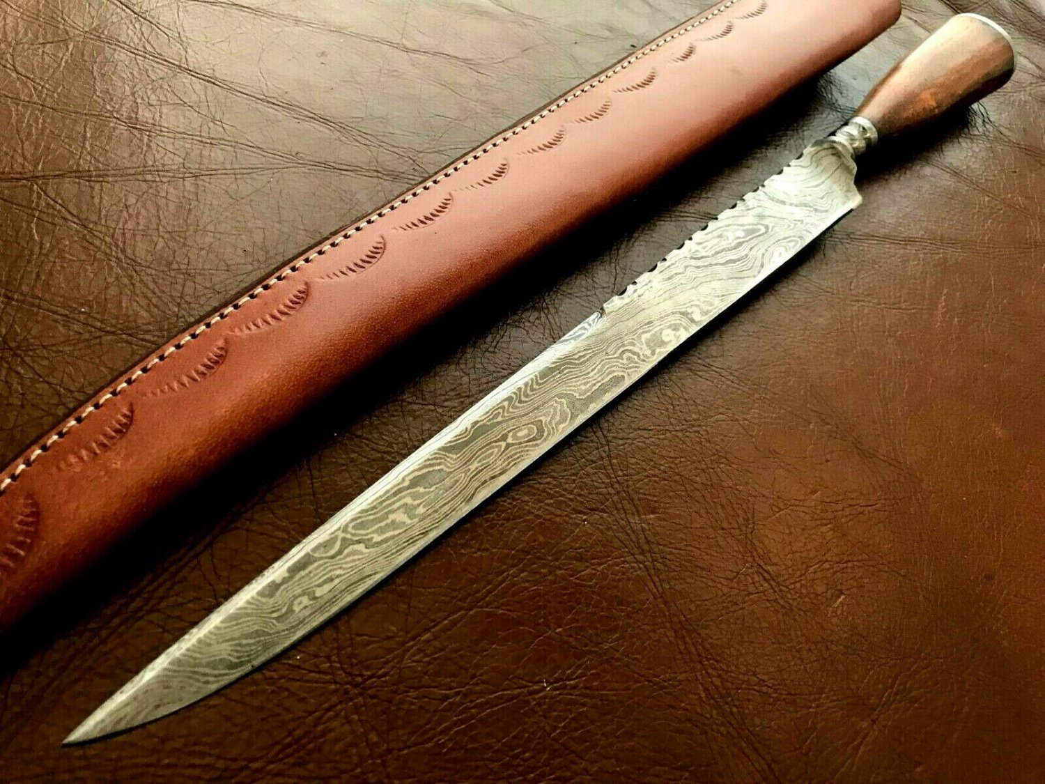 Handmade Knife Damascus Steel Scottish Dirk-Kitchen-File work-Leather Sheath