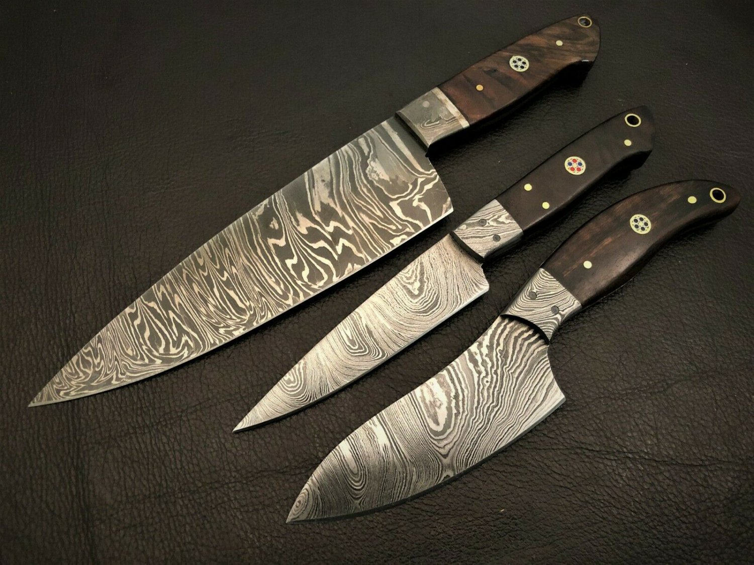 Handmade Kitchen Knife Set 3 Damascus Steel-Chef Knife-Sharp-Wooden Handle-KDS