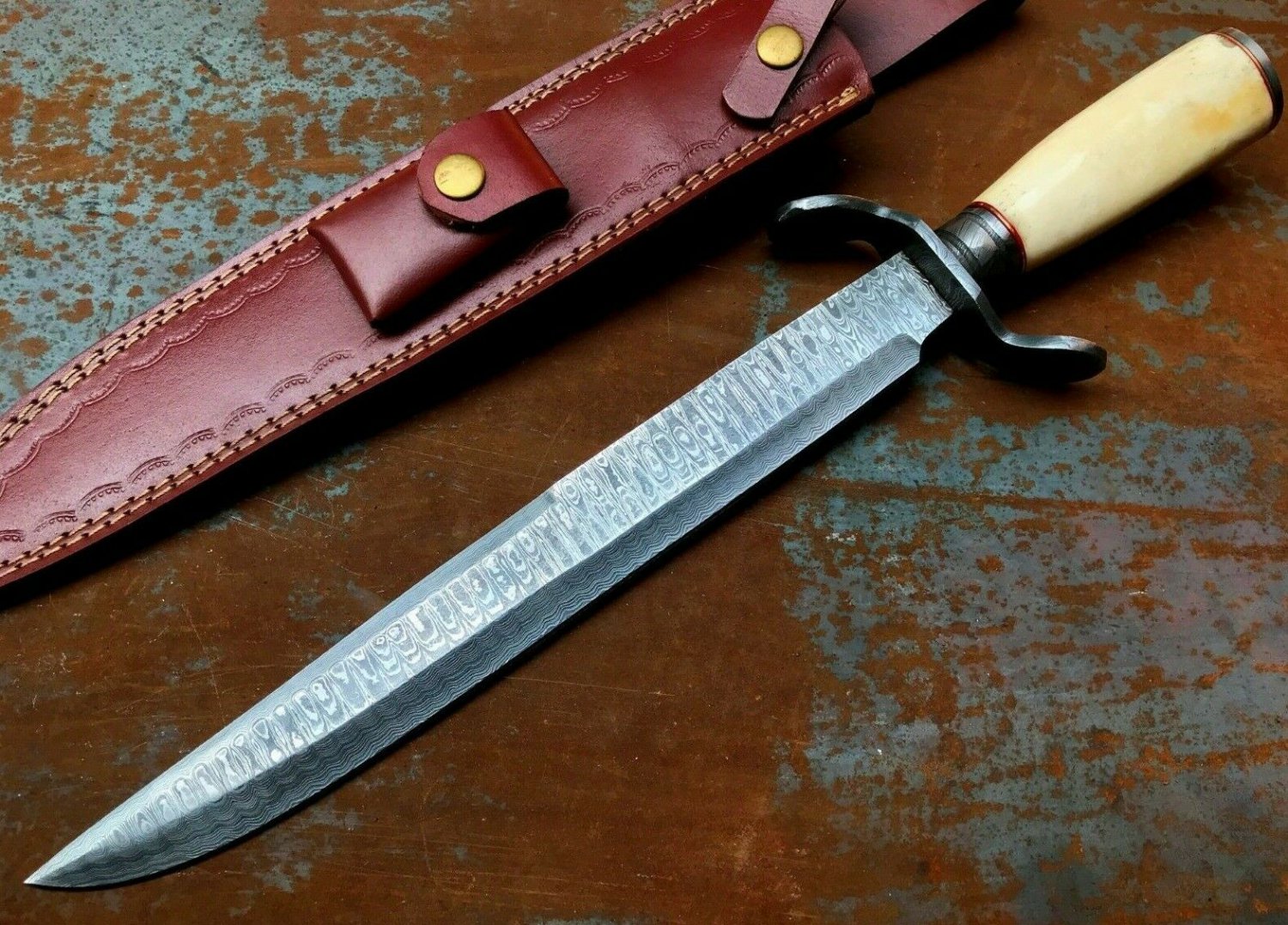 Handmade Bowie Knife-Damascus Steel-19"-Functional-Leather Sheath-Guard-Sharp