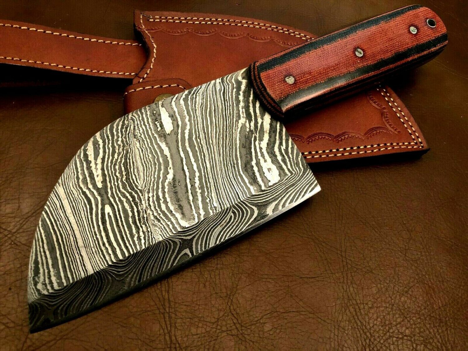 Handmade Cleaver Damascus Steel Chef Knife-Functional-Sharp-Leather Sheath