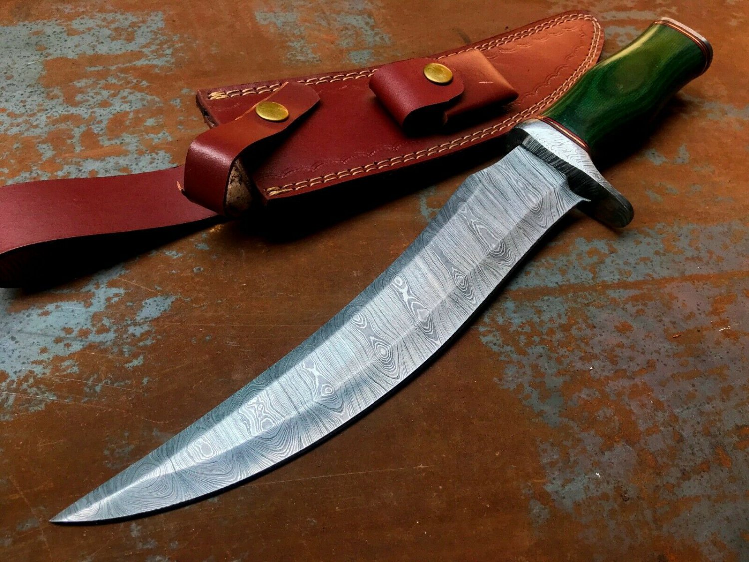 Handmade Knife-Blacksmith Damascus Steel Bowie Knife-Functional-Leather Sheath