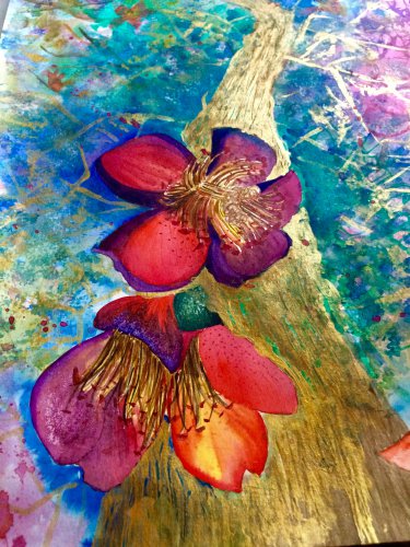 Red Cotton Dream 12"x18" Original Fine Art Watercolor and Acrylic mixed-media color painting