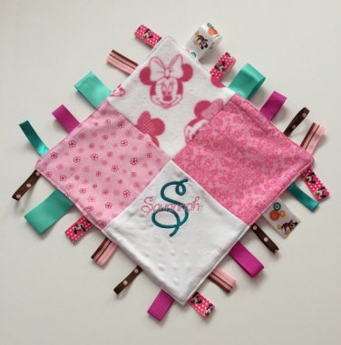 Sensory Ribbon Security Blanket Lovey with Tags 12&acirc;�� X 12&acirc;�� Minnie Mouse inspired