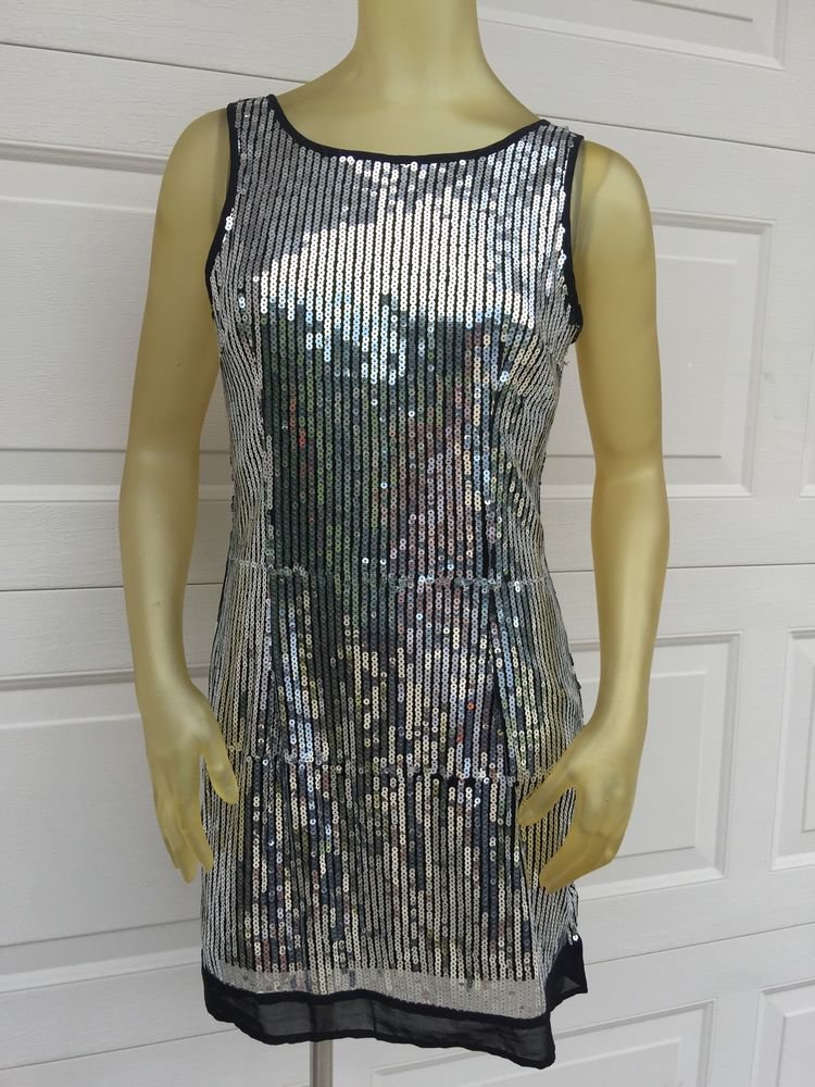 2B bebe silver black sequined sleeveless sheath size small NWOT