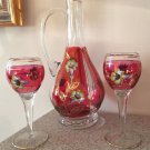 VINTAGE DECANTER & 2 WINE GLASS SET HAND PAINTED LEAF,ETCHED FLOWERS CRANBERRY