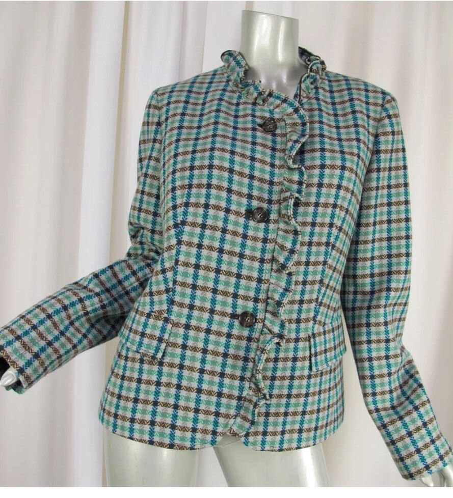 TALBOTS Blazer Jacket Size 22W Green Brown Plaid Wool Suede Elbow Patches Ruffle