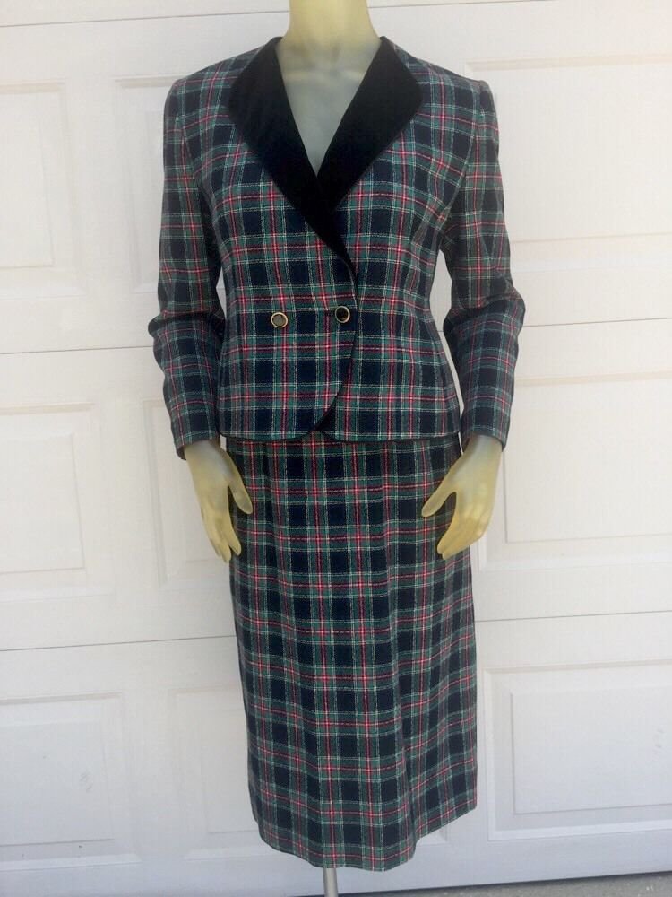 VTG PENDLETON Red Black Multi Tartan Plaid Wool Fitted  and Skirt Suit 8/10