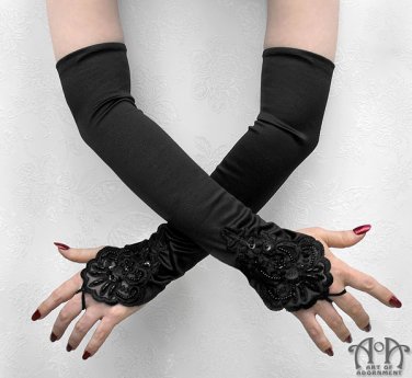 elbow length black lace fingerless gloves