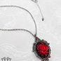 Gothic Black Red Rose Necklace Flower Cameo Victorian Pendant Antique Silver D42