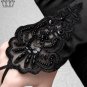 Black Satin Fingerless Gloves Beaded Lace Long Elbow Length Gothic G01