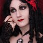 Black Satin Fingerless Gloves Beaded Lace Long Elbow Length Gothic G01