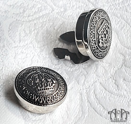Silver Crown Cuff Button Covers Set Mens Mandarin Collar Gothic Victorian M02