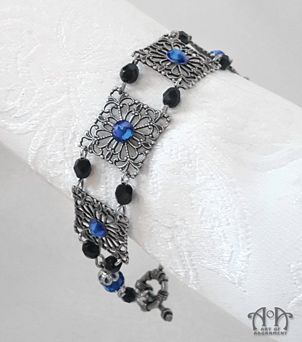 Blue Black Crystal Beaded Bracelet Filigree Linked Victorian Gothic Rhinestone B06