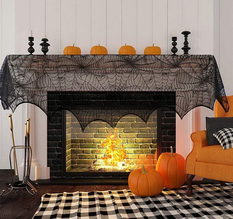 EwdeWwo Fall Mantel Scarf For Fireplace - Blue Leaf Pumpkin Wood Grain, 17 X 90 Inch, Thanksgiving & Autumn Decor - View #3
