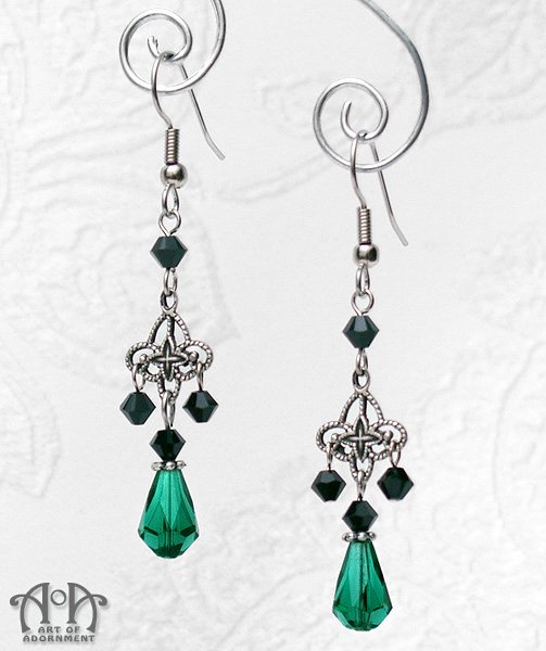 Black Green Crystal Chandelier Earrings Teardrop Dangle Silver Victorian Gothic E35