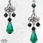 Black Green Crystal Chandelier Earrings Teardrop Dangle Silver Victorian Gothic E35