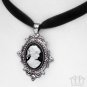 White Cameo Velvet Choker Necklace Black Silver Pendant Gothic Victorian C13