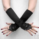 Black Satin Fingerless Gloves Beaded Lace Long Elbow Length Gothic G01