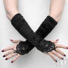 Black Gathered Satin Fingerless Gloves Beaded Lace Long Elbow Length Gothic G01A