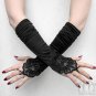 Black Gathered Satin Fingerless Gloves Beaded Lace Long Elbow Length Gothic G01A