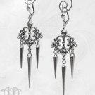 Spiked Fleur De Lis Chandelier Earrings Gothic Punk Silver Rivets Filigree E15