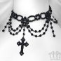 Black Beaded Choker Cross Pendant Gothic Punk Victorian Necklace Gunmetal D55