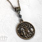 Bronze World Tree Pendant Necklace Pagan Antiqued Brass Sun Moon Hematite D18