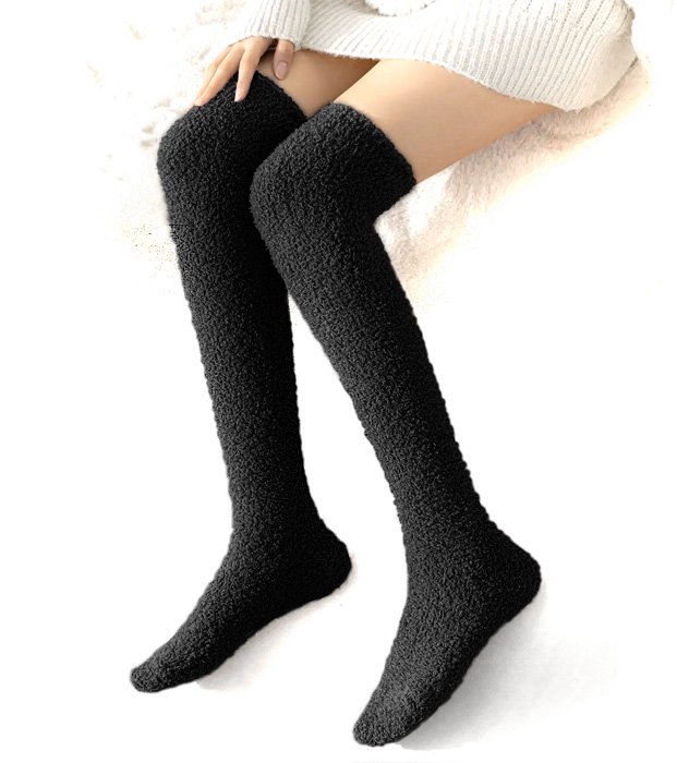 Black Long Fuzzy Over Knee Socks Womens Winter Warm Thigh High Thick Fleece