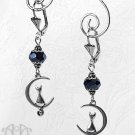 Blue-Black Crystal Cat Moon Earrings Antique Silver Pet Lovers Crescent Beaded E91