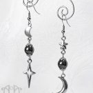 Asymmetrical Star Moon Hematite Earrings Beaded Antique Silver Crescent Charms E17