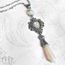 Opalite Silver Victorian Pendant Necklace Antiqued Filigree Crystal Teardrop D26 Opalite Silver Victorian Pendant Necklace Antiqued Filigree Crystal Teardrop D26