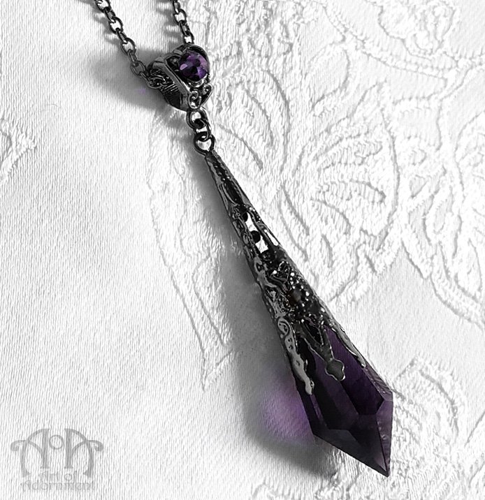 Purple Crystal Gunmetal Pendant Necklace Dark Gothic Black Victorian Filigree D28