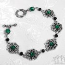 Green Black Crystal Beaded Bracelet Filigree Linked Victorian Gothic Rhinestone B07