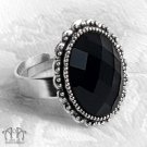 Adjustable Ring Black Crystal Goth Antiqued Silver Big Oval Victorian Unisex R14