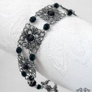 Black Crystal Beaded Bracelet Filigree Linked Victorian Gothic Rhinestone B05