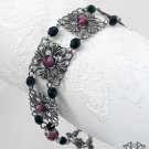 Purple Black Beaded Bracelet Crystal Filigree Linked Victorian Gothic Rhinestone B04