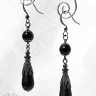 Gunmetal Black Glass Teardrop Earrings Victorian Gothic Filigree Drop E16
