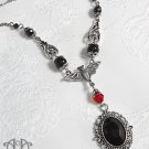 Black Red Crystal Bat Necklace Silver Beaded Gothic Halloween Vampire Pendant D95