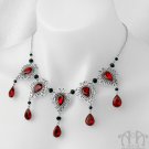 Red Black Necklace Crystal Rhinestone Gothic Victorian Silver Filigree Teardrop D34